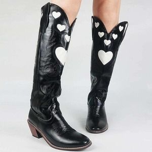 Leather Mid-Calf Chunky Heel Heart Black Western Cowboy Boots Size 41
